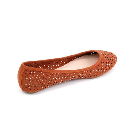 Womens Ballet Flats Perforated Rhinestone Embellished Spring Shoes Round Toe NEW Coffee Size