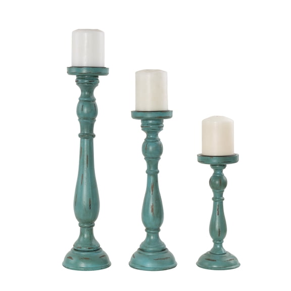 DecMode Traditional Wood Blue Pillar Candle Holders Set of 3 19", 15", 11" H with a Round Candle Plate and Bell Shaped Base