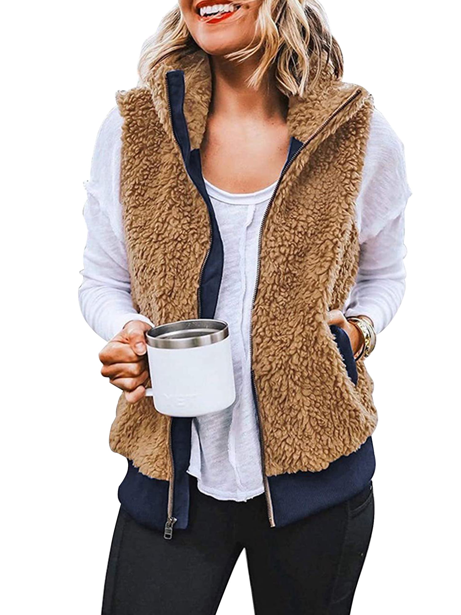Women Fuzzy Gilets Jackets Lightweiht Sherpa Full Zip Solid Faux Fur Outwear Vests 