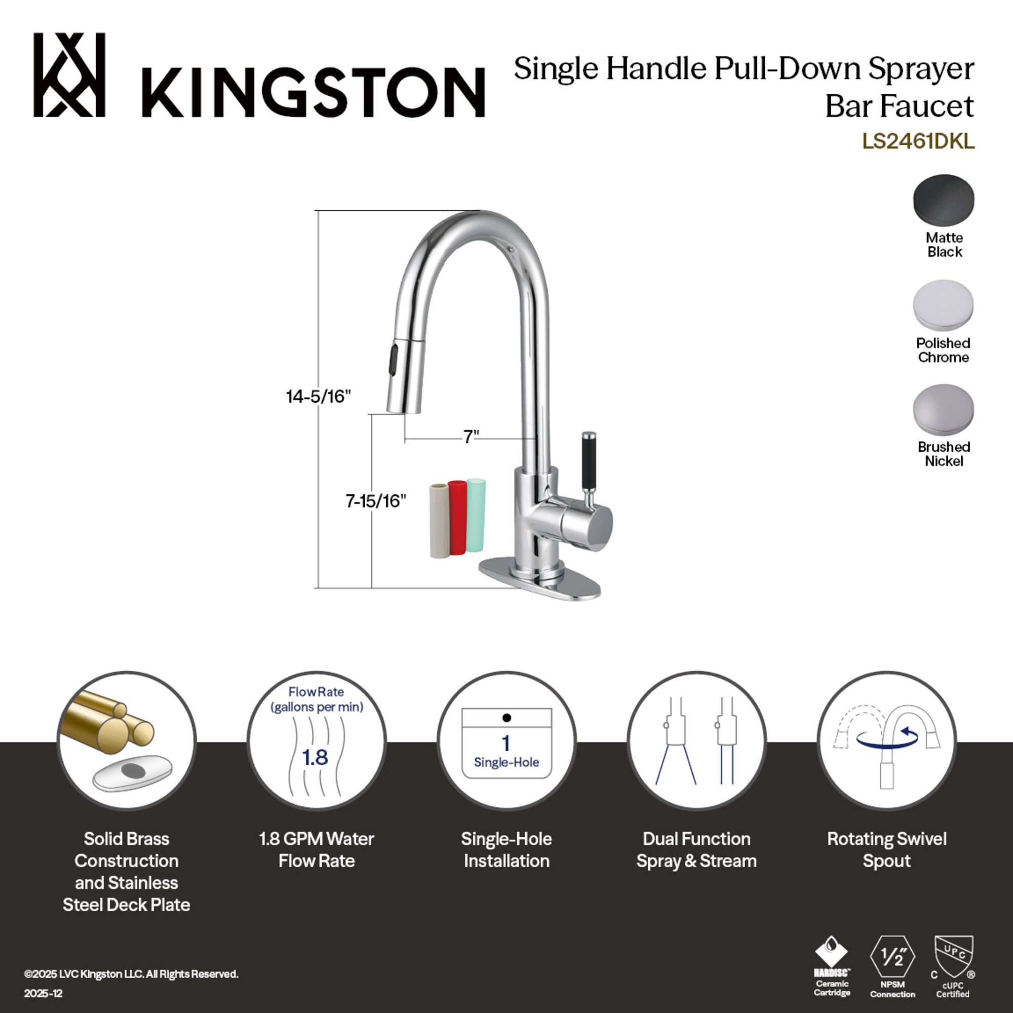 Gourmetier LS2460DKL Kaiser Single-Handle Pull Down Sprayer Bar Faucet, Matte Black