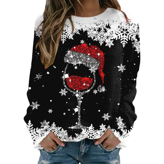 Atogsazn Women's Christmas Sweatshirt Casual Loose Long Sleeve Pullover Sweatshirts Festival Tops Clothing 02-Black S Fashion
