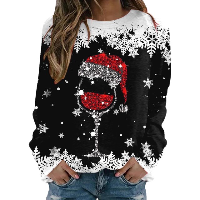 Chandails en Molleton de Noël pour Femmes : Rétro Verre à Vin Rouge Scintillant Graphique Chemise à Manches Longues Xmas Bonhomme de Neige Colorblock Chandail Tops