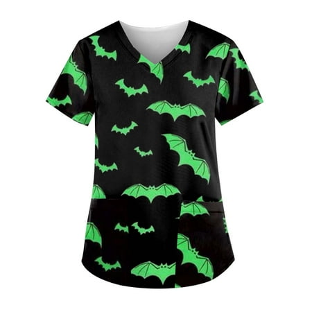 

Sksloeg Women Scrubs Tops Plus Size Short Sleeve Working Uniform with Pocket Summer Pumpkin Cat Witch Print V Neck Stretchy Holiday T Shirts Green 3XL