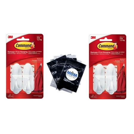 

Command Medium Designer Hooks White 2 Wall Hooks - 2 pack - plus 3 My Outlet Mall Resealable Storage Pouches