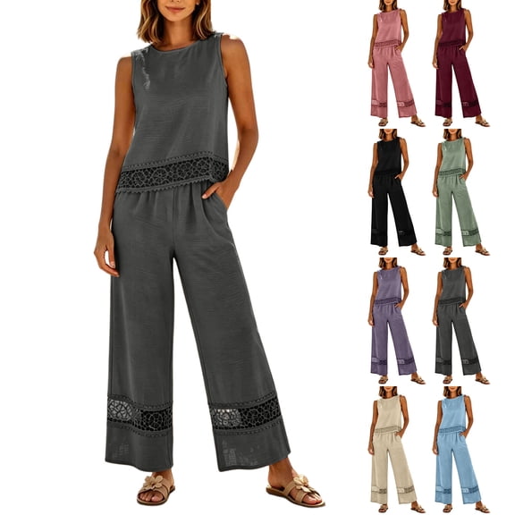 Mutghys Two-Piece Travel Sets for Women Crew Neck Sleeveless Tops with Lace Trim Wide Leg Pants Set Beach Vacation Holiday Travel Sets