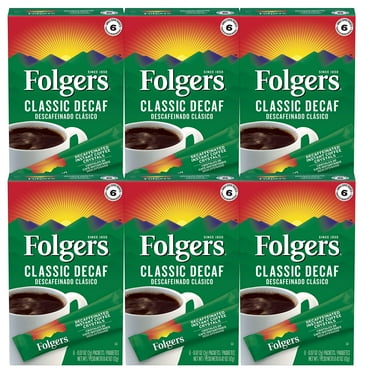 Folgers Classic Decaf Decaffeinated Instant Coffee Crystals, 6 Single Serve Packets (6 Boxes, 36 Sachet Total) 100% Pure Coffee Medium Roast Convenient On the Go Coffee Powder & CUSTOM Storage Carrier