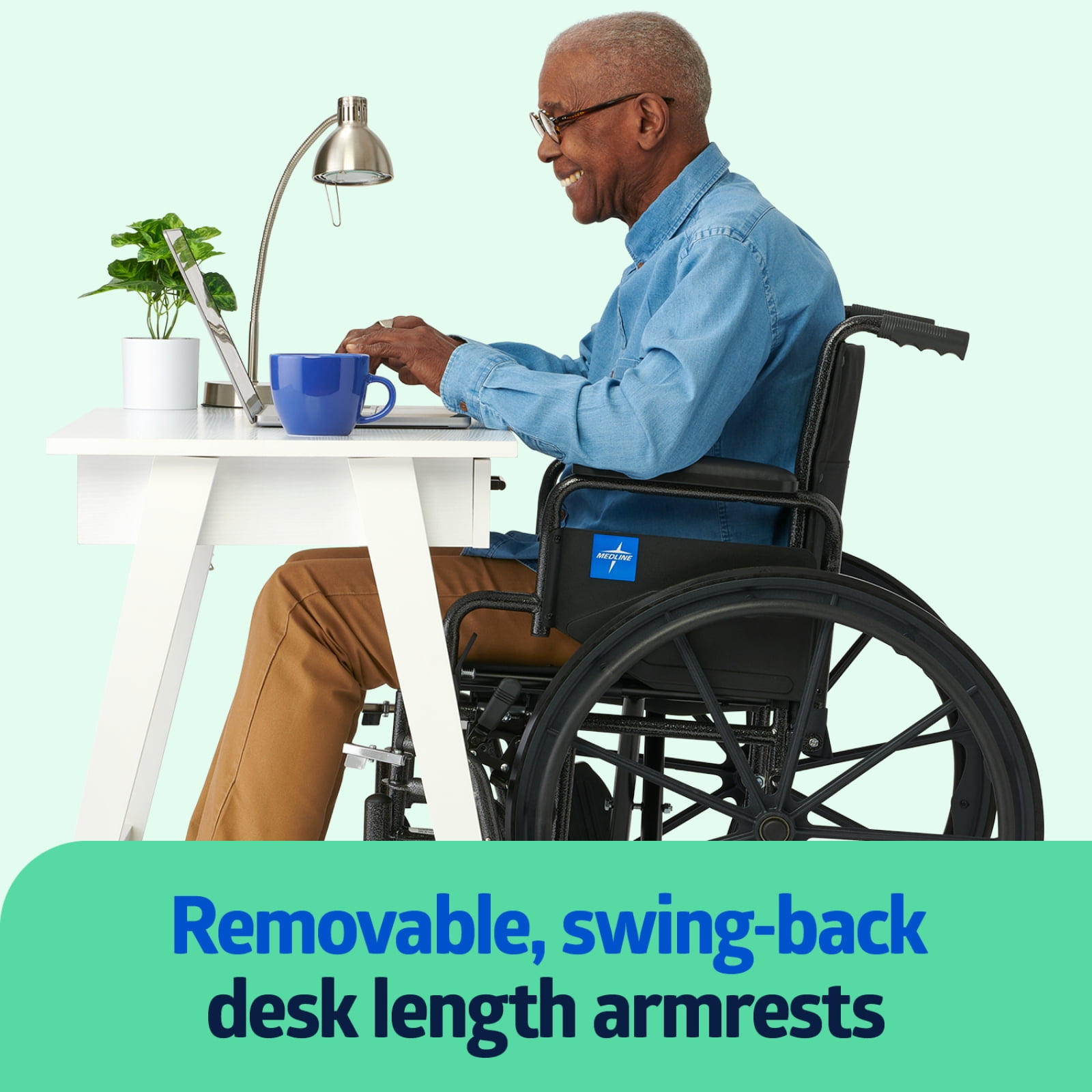 Medline Wheelchair with Swing-Back Removable Desk Arms, Lightweight, Elevating Legrests, 20-In Seat, 300 lb Weight Capacity, Black