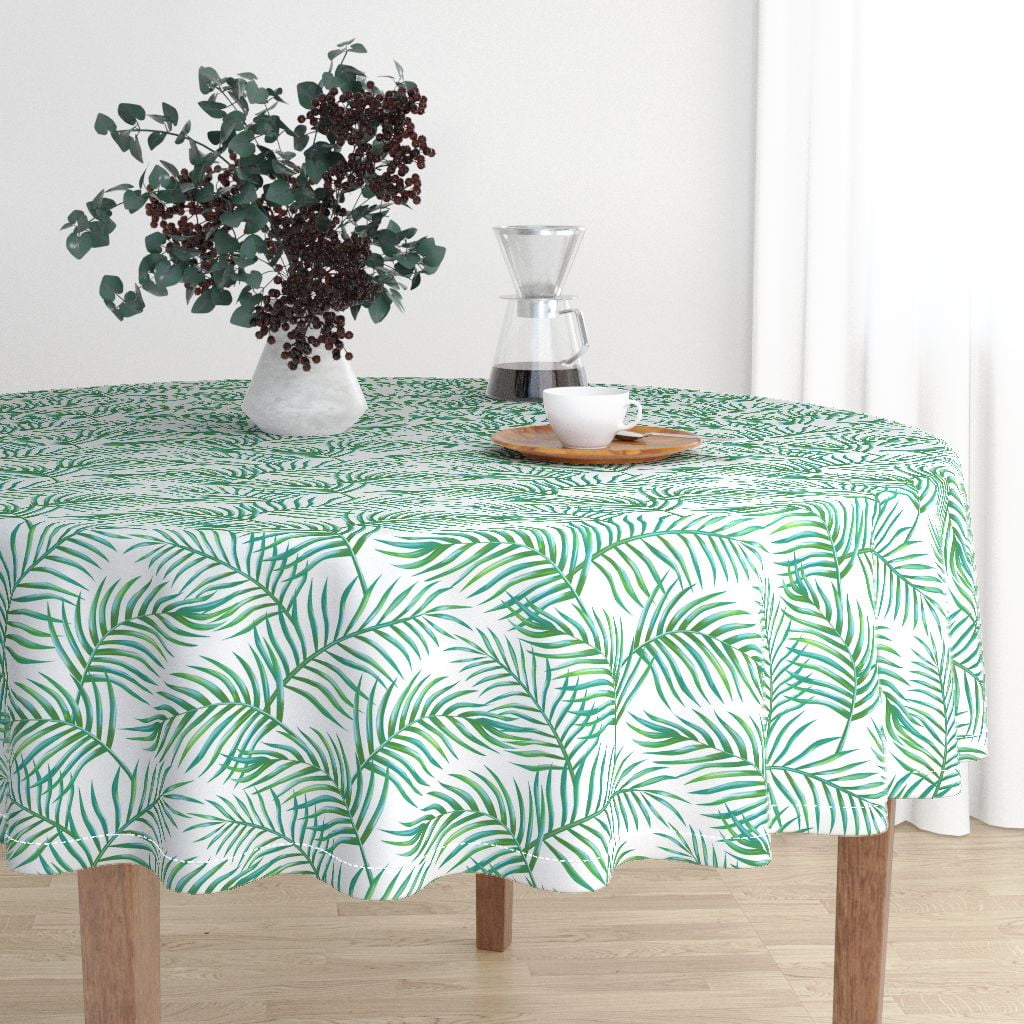 Round Tablecloth Palm Leaf Plants Tropical Greenery Rainforest Mia Cotton Sateen