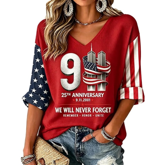 EANJE Vintage 9/11 Never Forget Memorial T-Shirt Women Tee 25 Years Honor Unite Patriot Day American Flag Graphic Casual Short Sleeve V Neck Tops Red 5XL