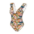 thumbnail image 4 of Yiaed Retro Summer Stamp Print Women's Ruffled One Piece Swimsuit V Neck Swimwear Slimming Monokini for Woman-Small, 4 of 8