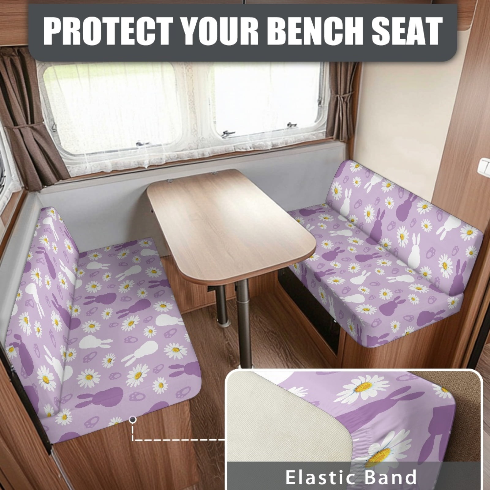 FOR U DESIGNS Bunny Daisy Print 2 Pcs RV Dinette Cushion Covers Non-Slip Camper Seat Covers Dinette Booth Stretch Sofa Furniture Protector Sofa Slipover for Travel Trailer Couch