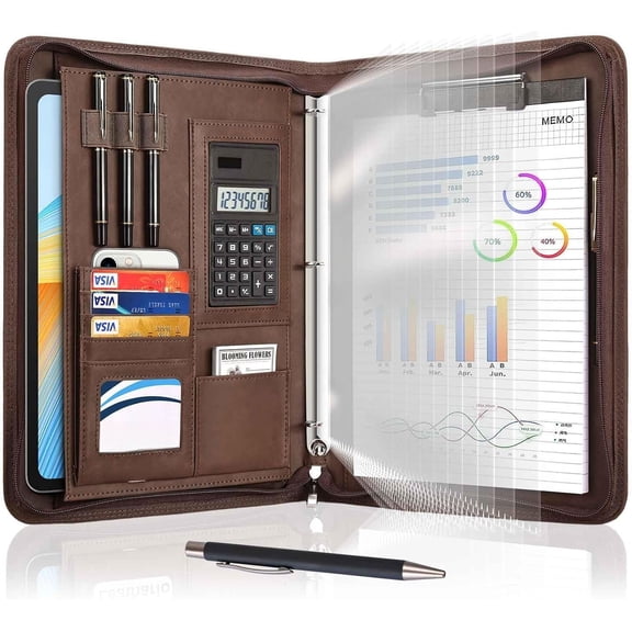 Portfolio Binder, 3-Ring Folder Organizer, Includes 10 Sheet Protectors and a Pen, Vegan Leather A4 Padfolio for Tablets, Business Conferences Professional Document Organizer