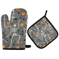 Yayeee Oven Mitts and Pot Holder Set of 2 Heat Resistant Kitchen Gloves Baking Hot Pad, Halloween Dancing Skeleton