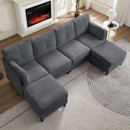 ZAFLY U Shaped Sectional Sofa with Movable Ottoman, Corduroy Sectionals for Living Room - Dark Gray