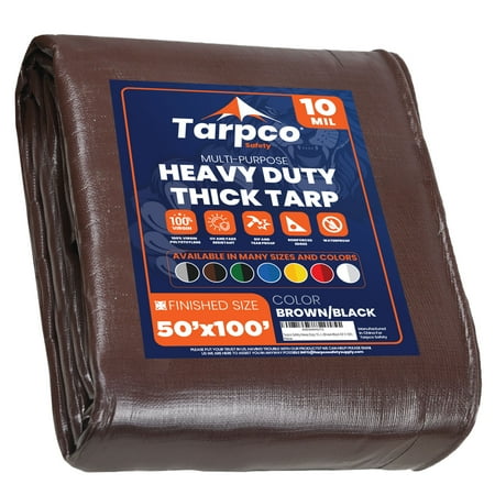 Tarpco Safety 10 Mil Extra Heavy Duty Tarp Camping Tarpaulin Waterproof Cover, Brown/Black 100 x 100Ft