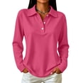 thumbnail image 2 of Solid Color Long Sleeve Polo Shirt for Women Button Down Side Split Business Casual Top Pink XL, 2 of 7