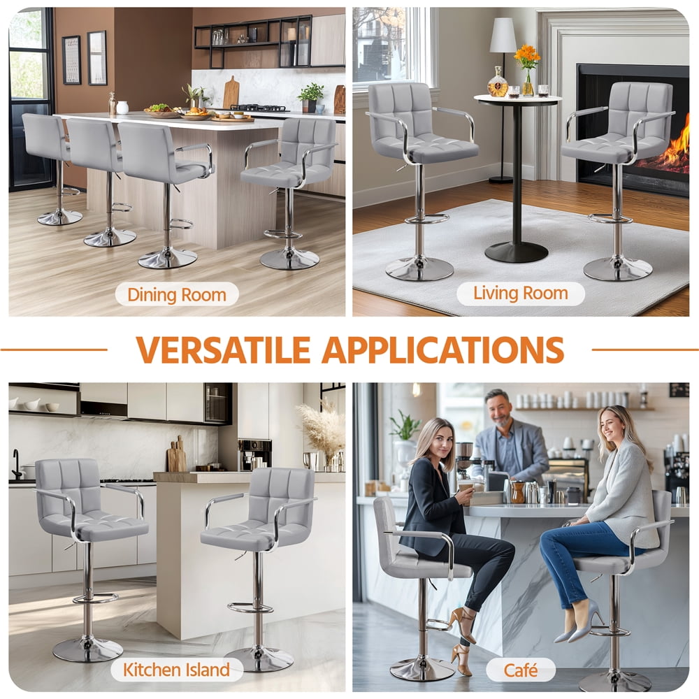 Renwick PU Leather Swivel Bar Stool with Large Steel Pedestal Base, Light Gray