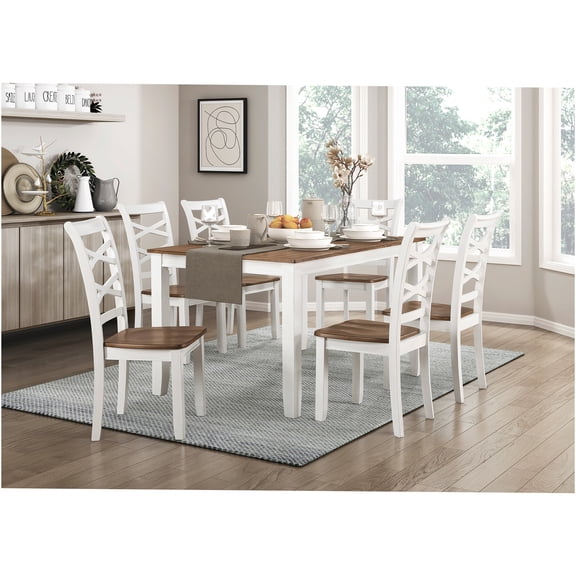 JERFIT 7-Piece Dining Table Set with 6 Chairs, White and Cherry Finish Double X-Back Design Wood Kitchen Country Dining Room Furniture