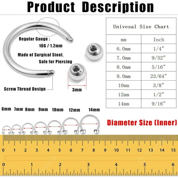 GHRTGR-14Pcs 14/16/18/20Gauge 6/7/8/9/10/12/14mm Surgical Steel Horseshoe Septum Nose Ring Hoop Set, Externally Threaded Circular Curved Barbell Body Piercing Jewelry for Lip Eyebrow Nipple Daith Tra