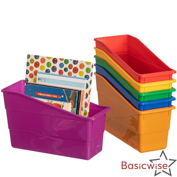 Basicwise 6-pc Assorted Color Plastic Storage Bins Versatile Book Magazine & File Holders for Classroom Office or Home Organization Open Front Desktop Organizers for Supplies Documents & Stationery