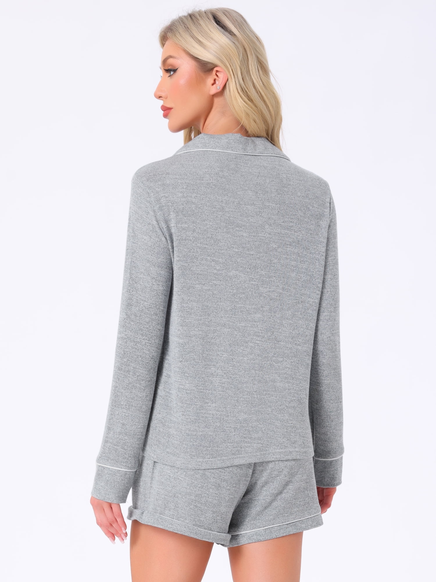 DARING DIVA Lounge Set Soft Button Up Notch Collar Long Sleeve Shorts Set S Grey