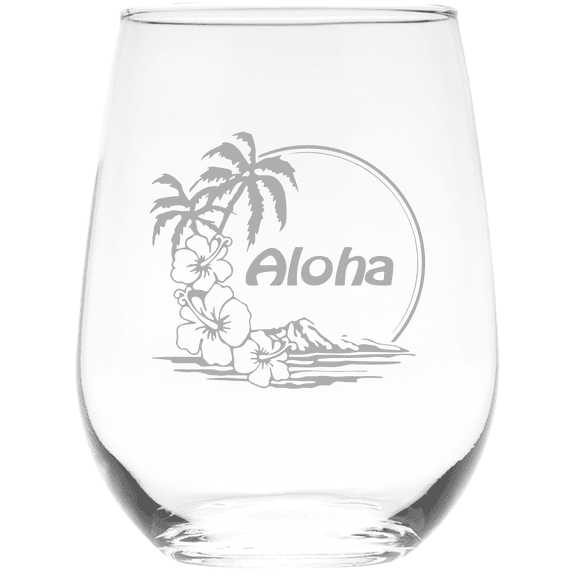 C&M Personal Gifts 17 oz Aloha Island Inspired Themed Stemless Wine Glass - Beach Lover Gift