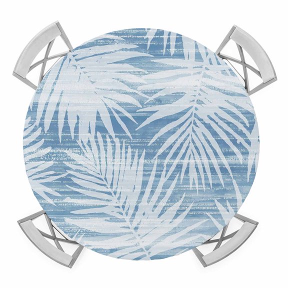 Tropical Palm Leaves Round Table Cover, Boho Blue White Nature Summer Waterproof Fitted Tablecloths for 36"-44" Tables, Washable Picnic Table Cover for Camping Dining Indoor Outdoor