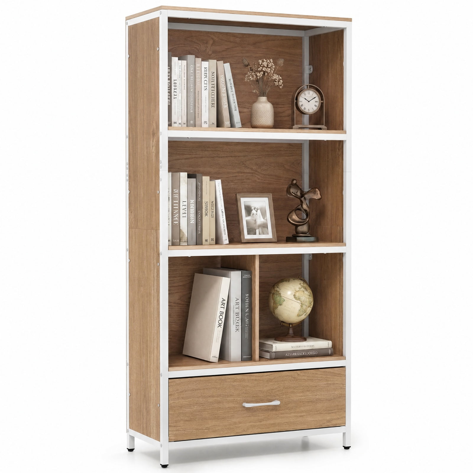 Furnibear 56" Tall Freestanding Bookcase with Drawer 5 Tier for Living Room Home Office Bedroom Display Storage Shelf, Natural