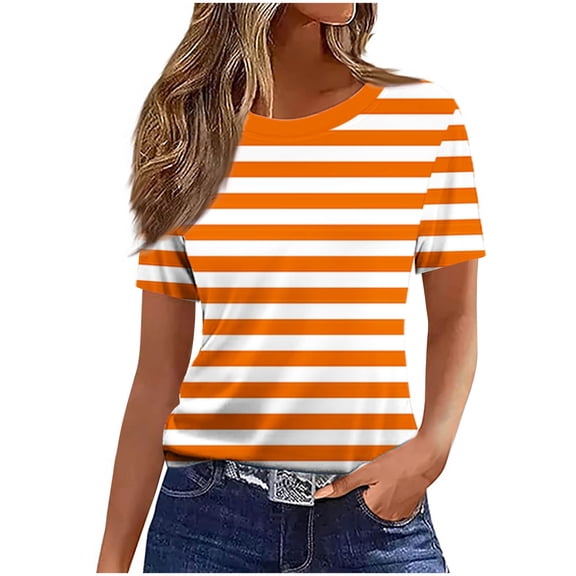 GigrtiJin Women's Short Sleeve T Shirts Striped Casual Pullover T Shirts Womens Baggy Round Neck Loungewear Going Out T Shirts