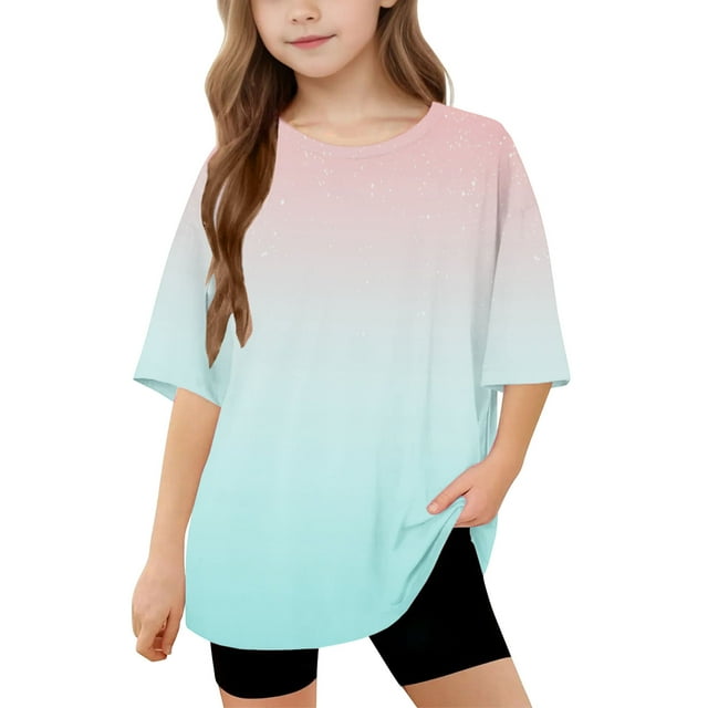 DecSea T-Shirt à Manches Courtes pour Filles, Été, Dégradé, Col Rond, Décontracté, Basique, 5-14 Ans