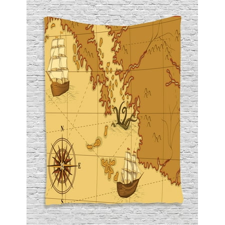 Ship Map - Kraken Decor Tapestry, Old Map with Compass and Ship Continent and Kraken Figure Artsy Print, Wall Hanging for Bedroom Living Room Dorm Decor, 40W X 60L Inches, Light Brown Yellow, by Ambesonne