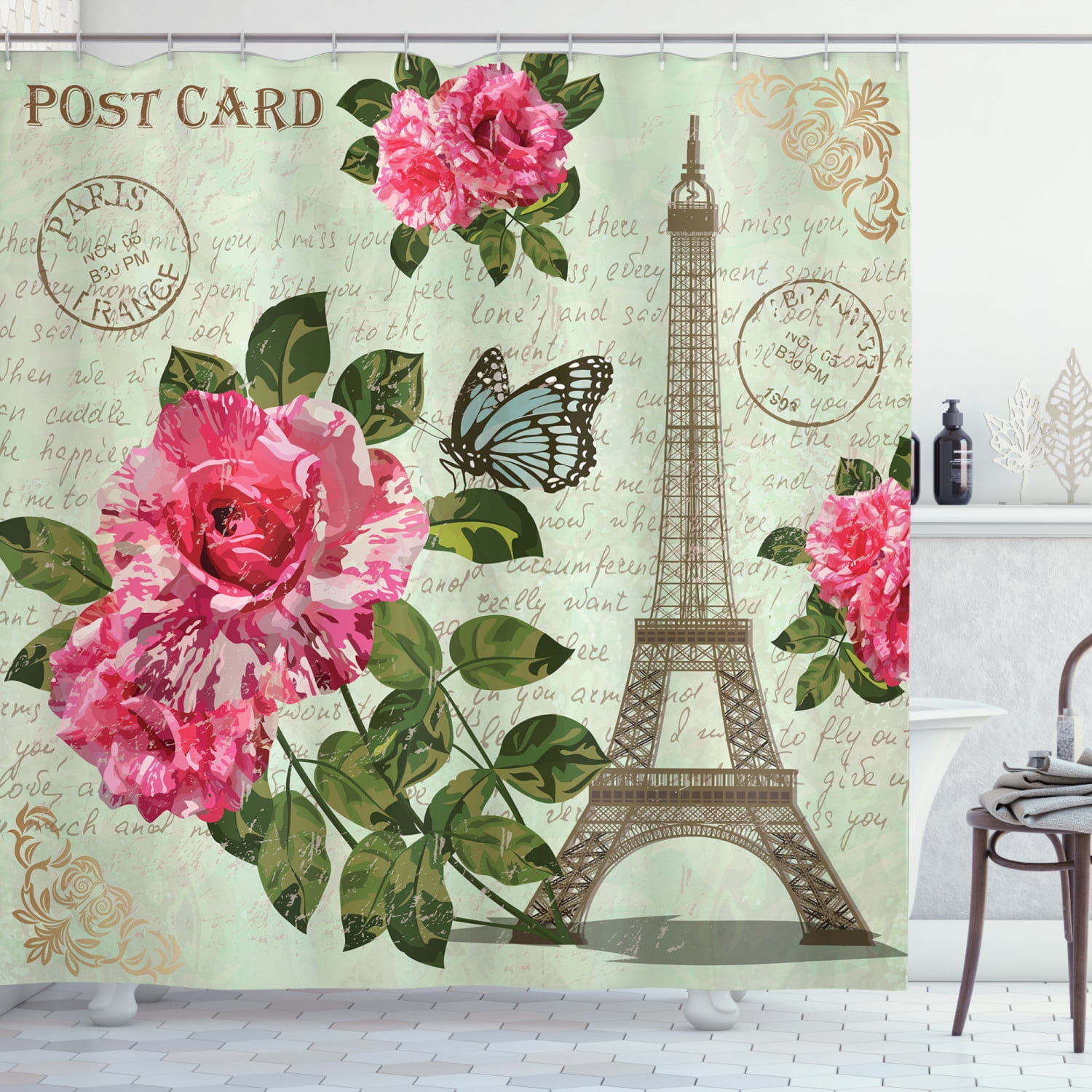 Romantic Trip to Paris Flowers Eiffel Tower Shower Curtain Set Bathroom Decor LB 