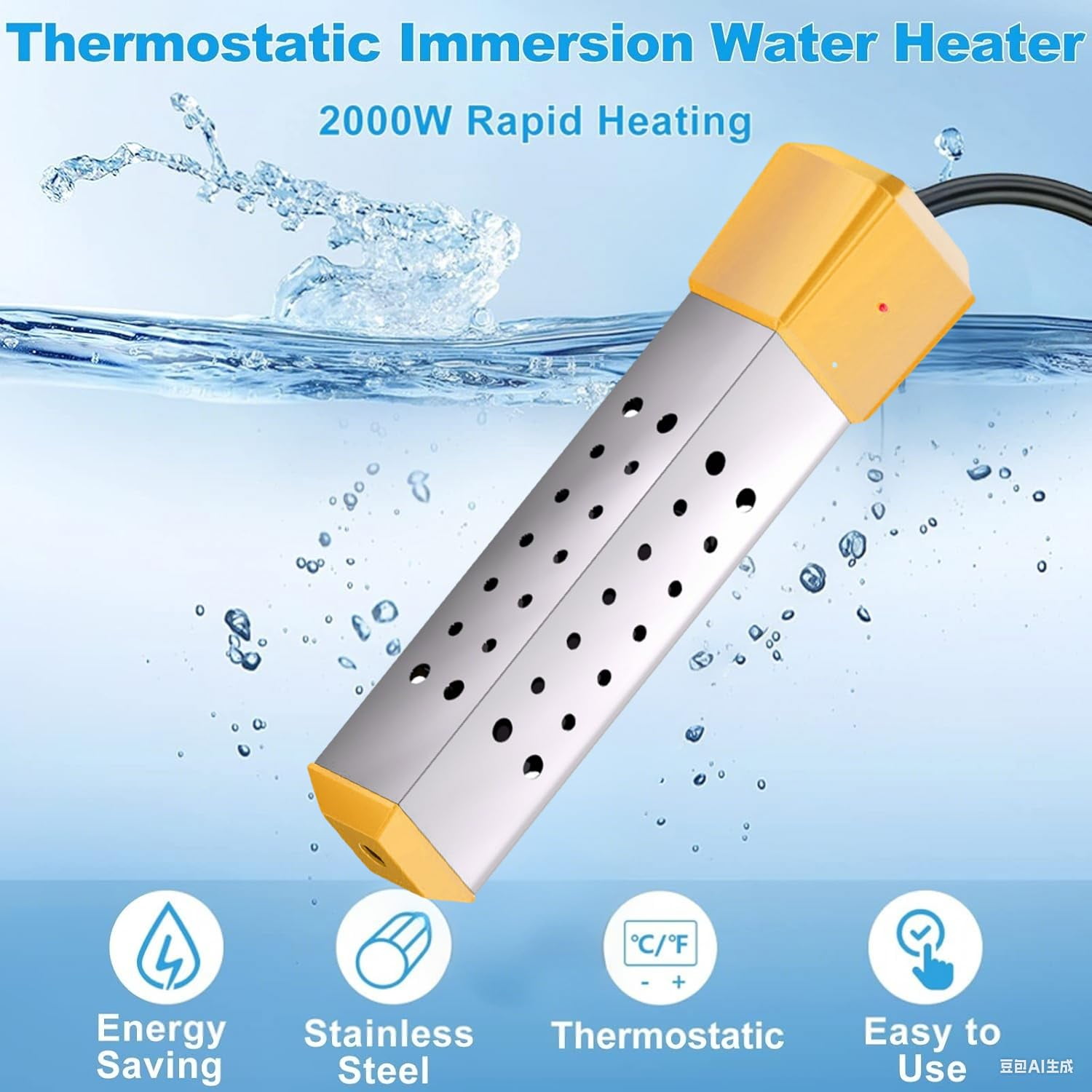 2000w Water Heater for Bathtub,Bucket Heater,Portable Electric Immersion Heater,Stainless Steel Immers Water Heater Bucket (Not auto shut off)