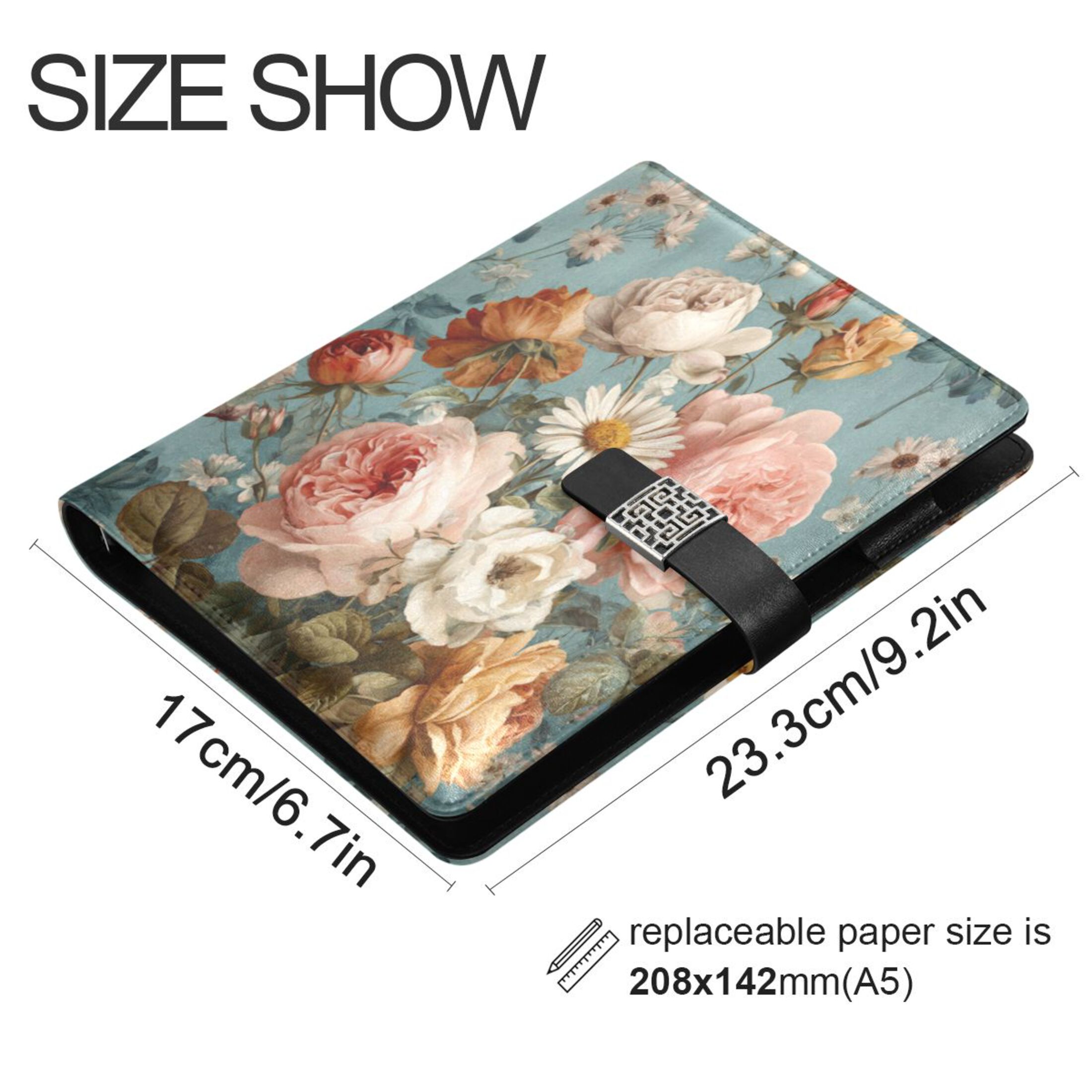 9.2x6.7 inch Leather Notebook 100 Sheets, Multi-Pocket Design & Pen Loop Vintage Roses and Peonies Refillable Journal Organizer