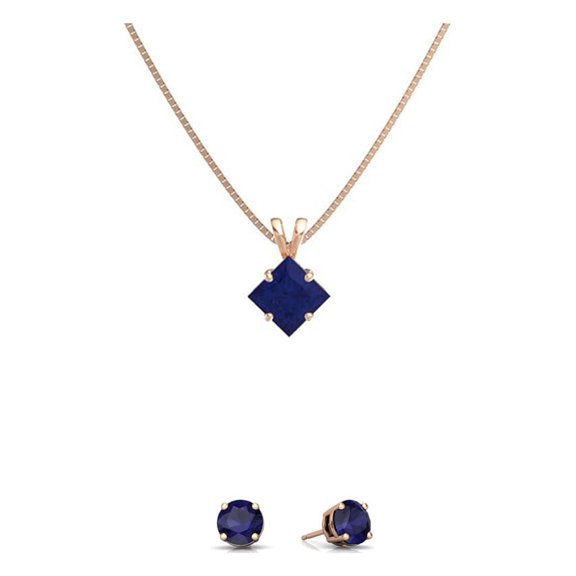 Paris Jewelry 18K Rose Gold 3ct Blue Sapphire Square 18 Inch Necklace and Round Earrings Set Plated