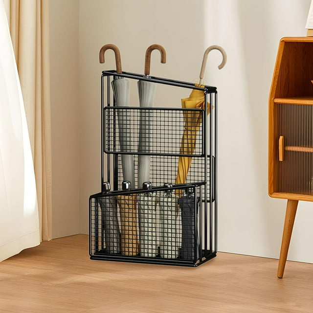 Paragüero con contenedor de almacenamiento, requiere ensamblaje, escurridor de portátil, organizador de para entrada del hogar. Negro