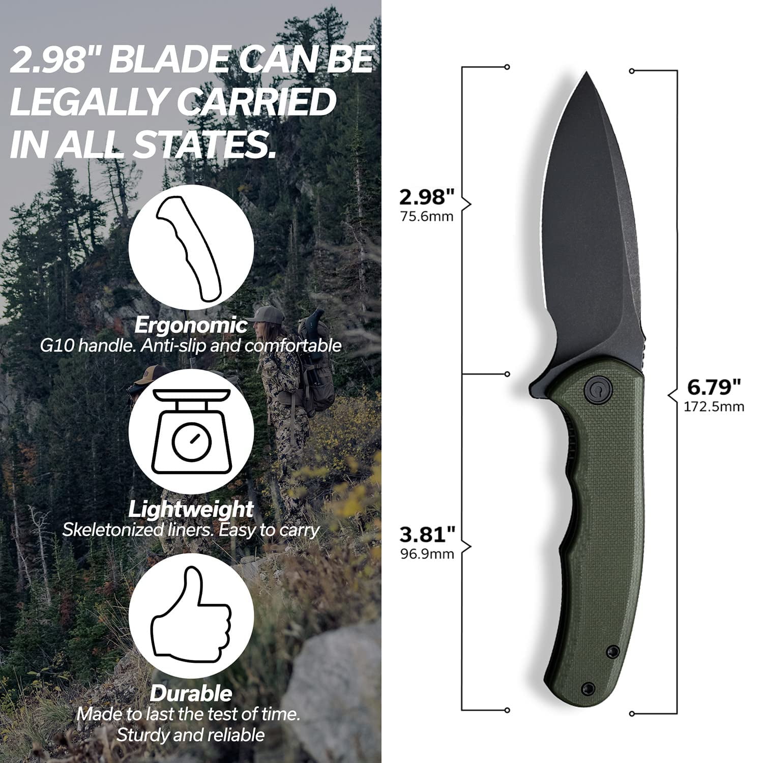 CIVIVI Mini Praxis Folding Pocket Knife, 2.98" D2 Steel Blade G10 Handle Small EDC Knife with Pocket Clip for Men Women, Sharp Camping Survival Hiking Knives C18026C-1