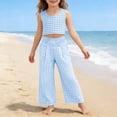 thumbnail image 4 of Girls Plaid Cotton Linen Pants High Waist Lounge Pant Y2K Casual Wide Leg Trousers with Pockets Light Blue 150, 4 of 6