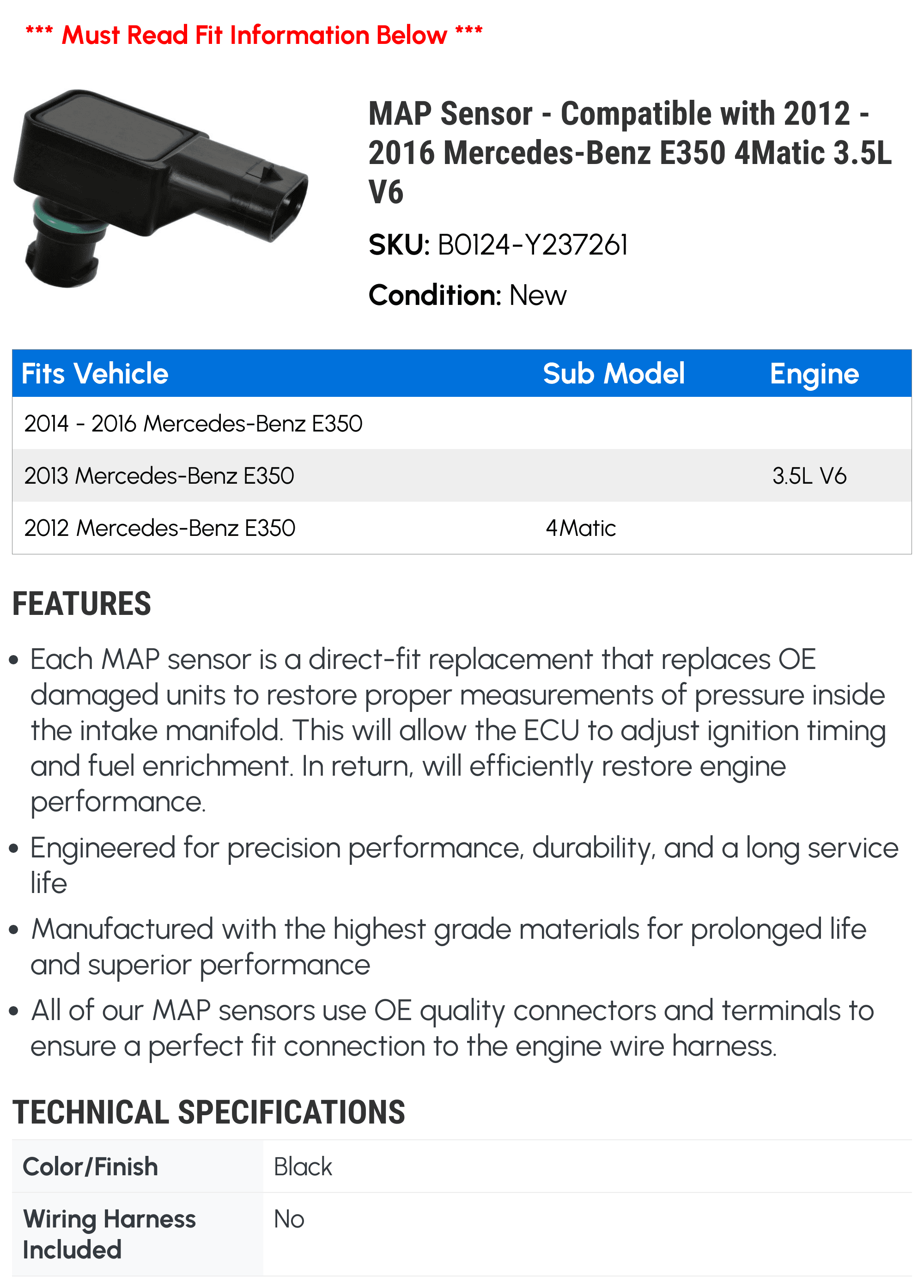 MAP Sensor - Compatible with 2012 - 2016 Mercedes-Benz E350 4Matic 3.5L V6 2013 2014 2015