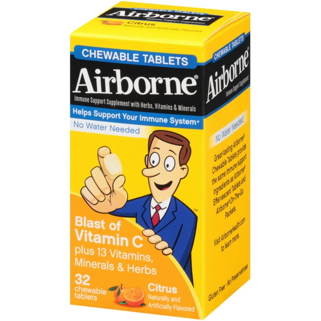 Airborne Immune Support Supplement Blast of Vitamin C Chewable Tablets, Citrus 32 ea (Pack of 3)