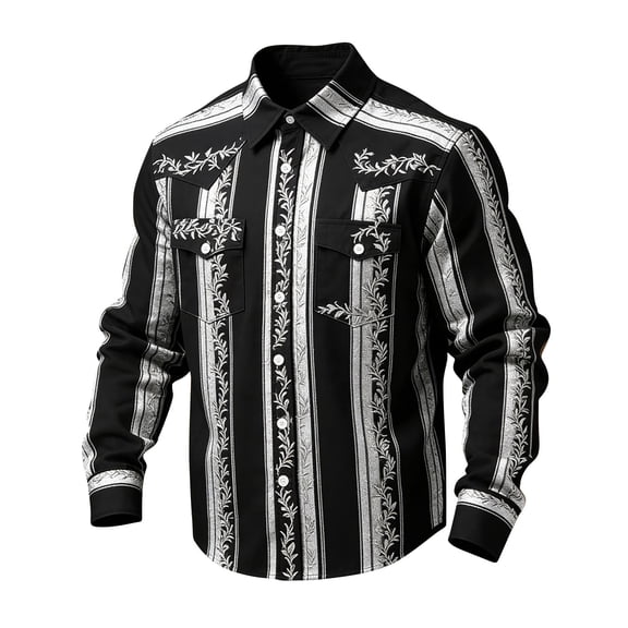 FRSASU Western Embroidered Cowboy Shirts for Men, Casual Button Down Long Sleeve Dress Shirt with Floral Design and Pocket Black