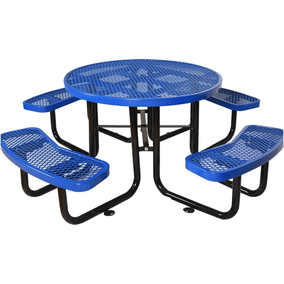 JERFIT 46 Inch Round Outdoor Picnic Table with Umbrella Hole, 4-Person Steel Patio Dining Set with Benches, Weather-Resistant Blue