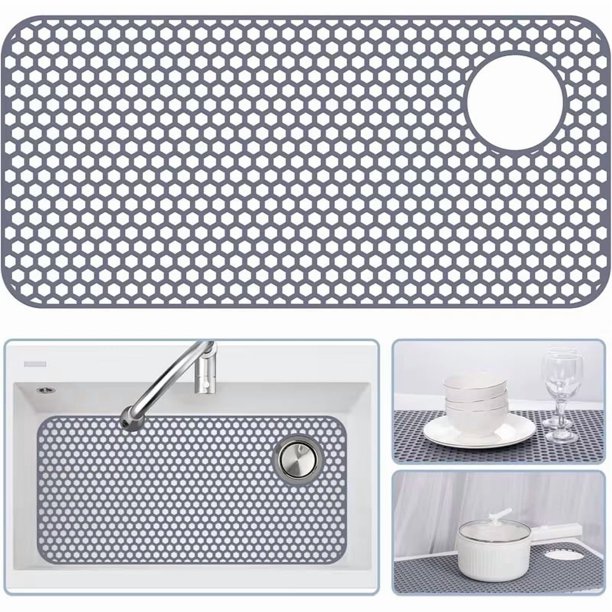 Tapete protector de silicona for fregadero de cocina, tapete antideslizante resistente al calor de 28,4 "x 14,3" for fondo de fregadero de acero inoxidable con azulejos de granja (gris)