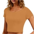 thumbnail image 2 of VSSSJ Crop Tops pour Femmes Manches Courtes Col Rond Extensible Chemise Décontractée Ajustée Solide Confortable Été Basique T-Shirts Courts Or Taille Unique, 2 of 5