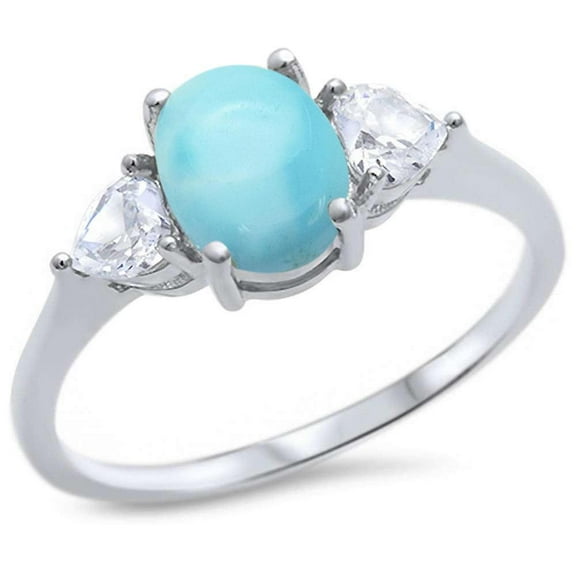 Oval Nature Larimar Heart Shape Clear CZ Ring Sterling Silver Size 5