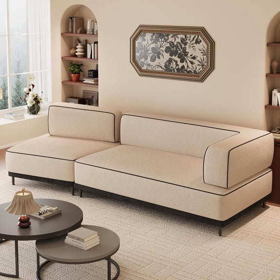95.27" Modern L-Shaped Three-Seater Fabric Sofa, Beige Upholstered Couch with High-Density Compressed Foam & Sturdy Metal Frame, Ideal for Living Rooms & Lounge Areas