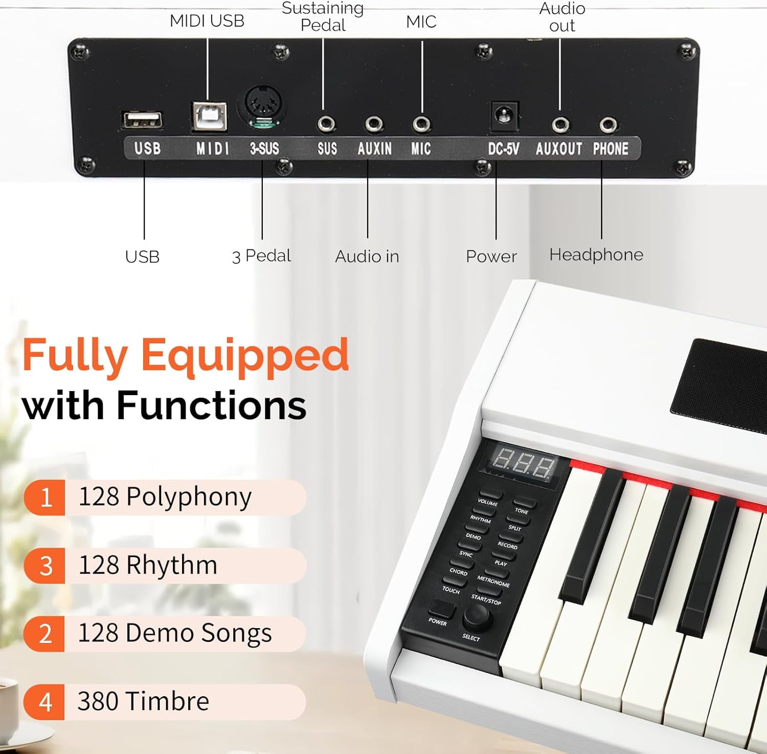 GLARRY Digital Piano Keyboard with Stand, Portable 88 keys Semi-Weighted Electric Piano with Pedal for Beginner, Bluetooth, Triple Pedals, Power Supply, 2 Speakers (White)
