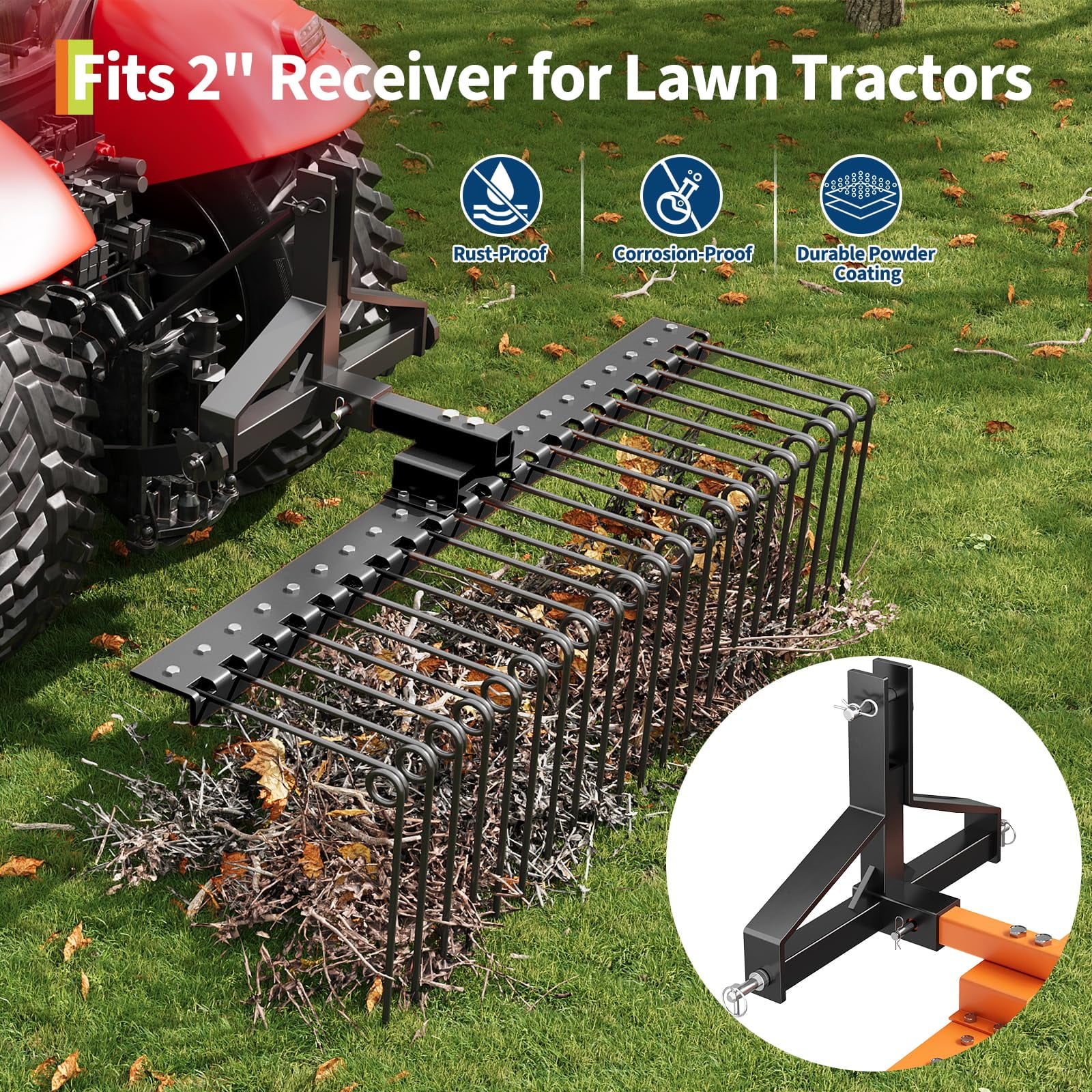 Heavy Duty Landscape Rake Attachment – 48 Inch Steel Pine Straw Rake with Durable Spring Tines, 2 Inch Receiver, Ideal for Hay, Pine Needles, and Lawn Care, Black | 48 inches