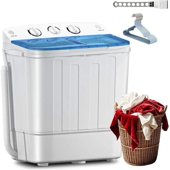 Portable Twin Tub 19lbs Washing Machine with Drying Rack, 12lbs Washer Mini Compact Laundry Machine with 7lbs Spinner, Semi-automatic Washer Combo for Dorms, Apartments