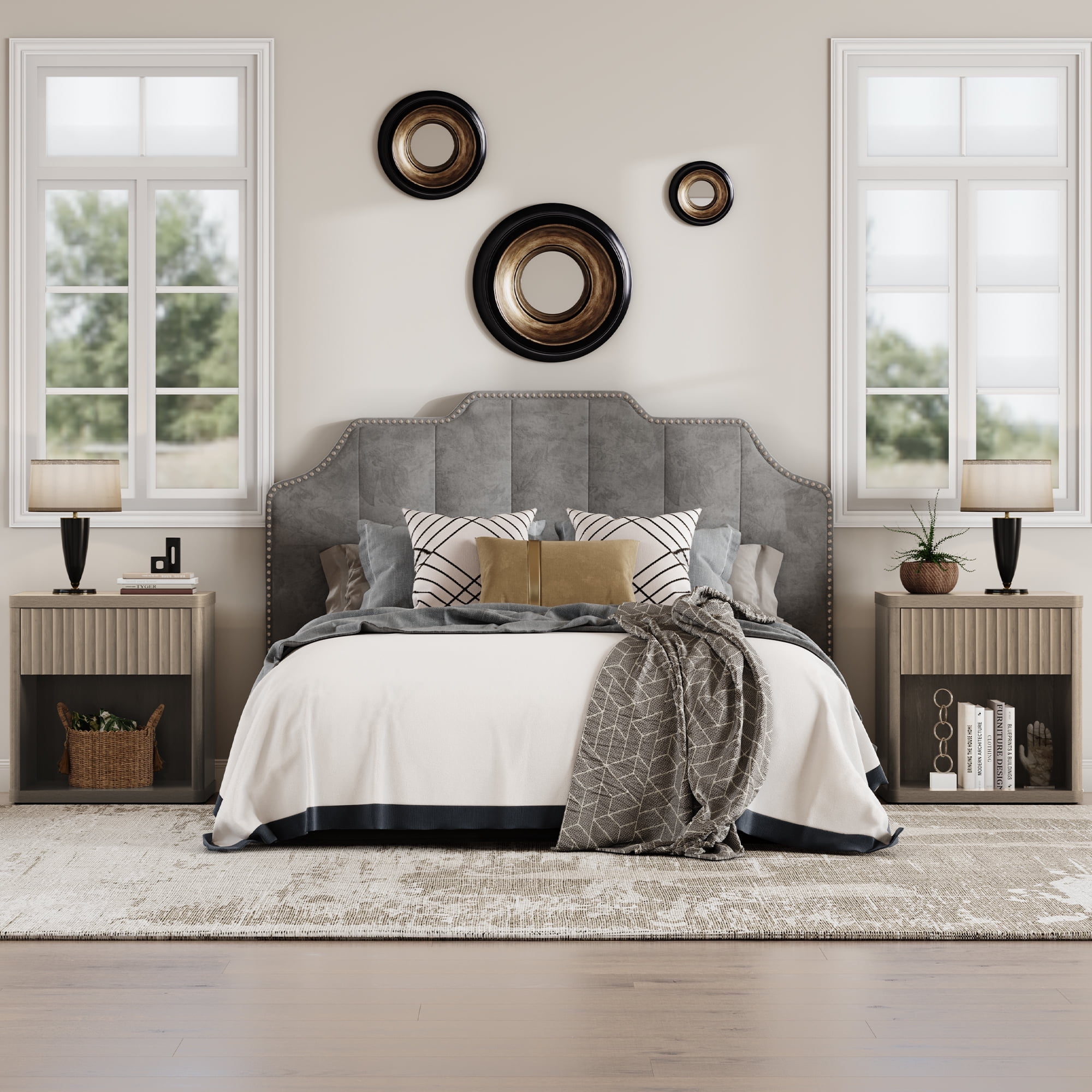 SICOTAS Fluted Nightstands for Bedroom, Farmhouse Bedside Tables with Drawer & Open Shelf,  Wood End Table for Living Room in Grey